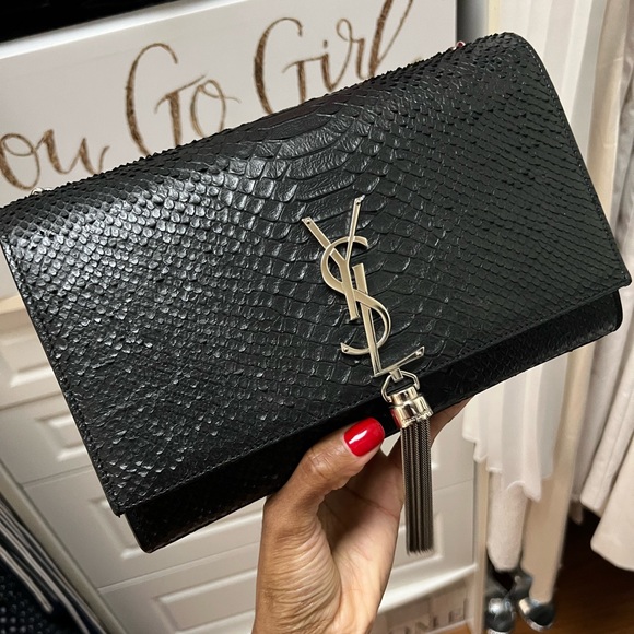 YVES SAINT LAURENT Medium Kate Chain Shoulder Snake Bag Black Leather - Picture 2 of 7